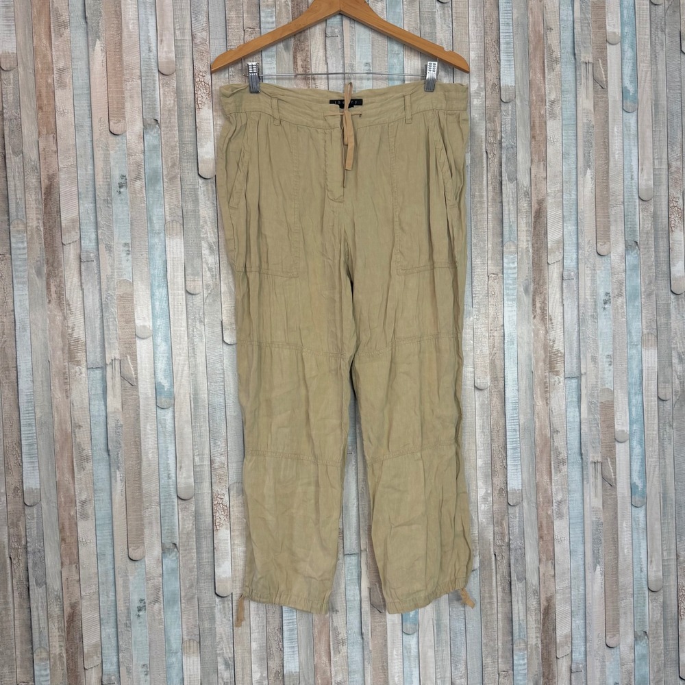 Theory 6 Khaki Tan Linen Cargo Drawstring Ranee Pants Utility Trouser Casual